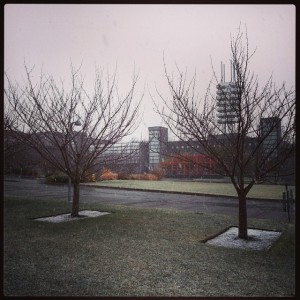 Snow outside the Admin & Wang buildings on campus