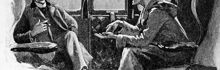 Original Strand artwork depicting Sherlock Holmes and Dr. Watson traveling by train.