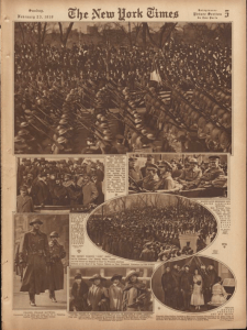 The front page of the New York Times, which features multiple photographs of groups of soldiers.