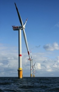 Researchers analyzed hypothetical power output from five-megawatt offshore turbines similar to the one shown here off the coast of Belgium. Photo courtesy of Hans Hillewaert. 