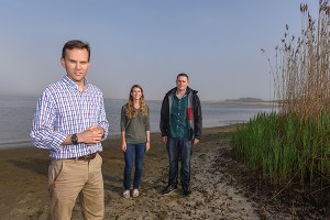 (Left to right):  Stony Brook University School of Marine and Atmospheric Sciences Professor Christopher Gobler, PhD and graduate students/Pond Stewards Jennifer Jankowiak and Ryan Wallace launch research project on Georgica Pond water quality, Wainscott, NY. 