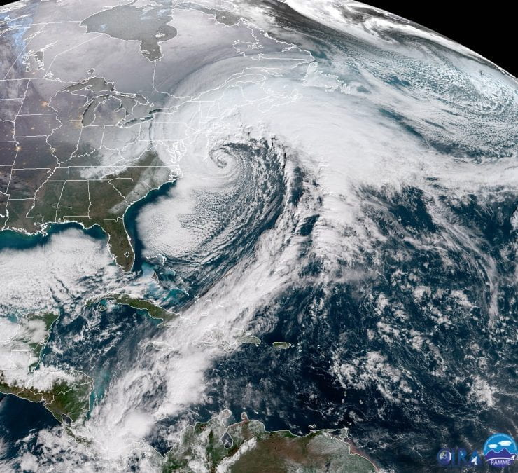Image of a bomb cyclone that brought heavy snow and strong winds to the U.S. East coast during January 2018. Professor Chang’s research will explore how these cyclones and their impact will change in a warming world. Credit: NOAA