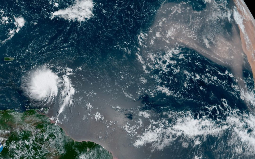 One of the largest plumes of Saharan dust in 2019 blowing across the Atlantic Ocean on Tuesday, Aug. 27, 2019, as Tropical Storm Dorian passed over the Lesser Antilles. Credit: NOAA