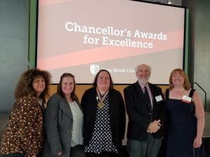 Recipients of the 2023 SUNY Chancellors award with their sponsors. From Left Ginny Clancy, Stefanie Massucci, Dominique Barone, Paul Shepson, and Tara Rider.