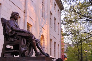 John Harvard statue, Harvard University campus, Boston, Massachusetts.